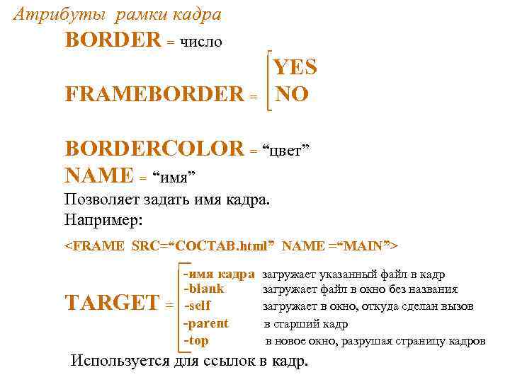 Атрибуты рамки кадра BORDER = число YES NO FRAMEBORDER = BORDERCOLOR = “цвет” NAME Атрибуты рамки кадра BORDER = число YES NO FRAMEBORDER = BORDERCOLOR = “цвет” NAME