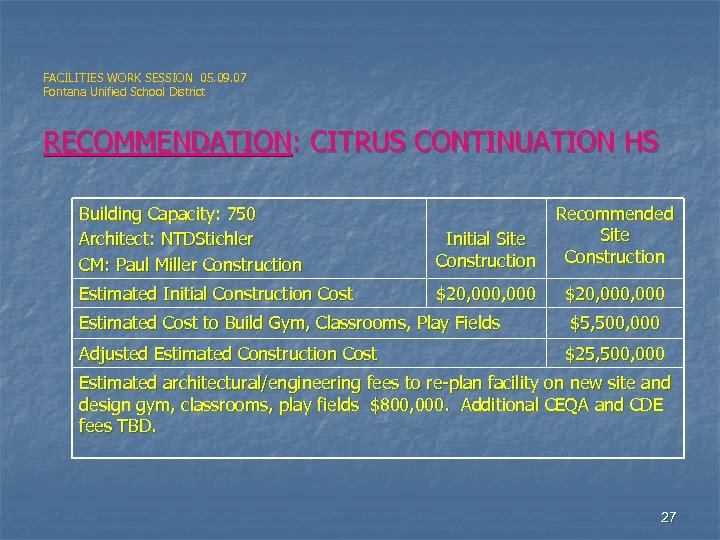 FACILITIES WORK SESSION 05. 09. 07 Fontana Unified School District RECOMMENDATION: CITRUS CONTINUATION HS