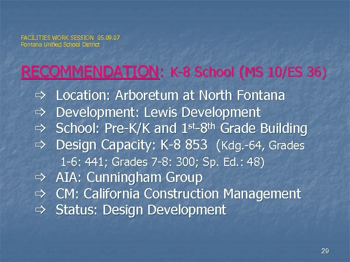 FACILITIES WORK SESSION 05. 09. 07 Fontana Unified School District RECOMMENDATION: K-8 School (MS