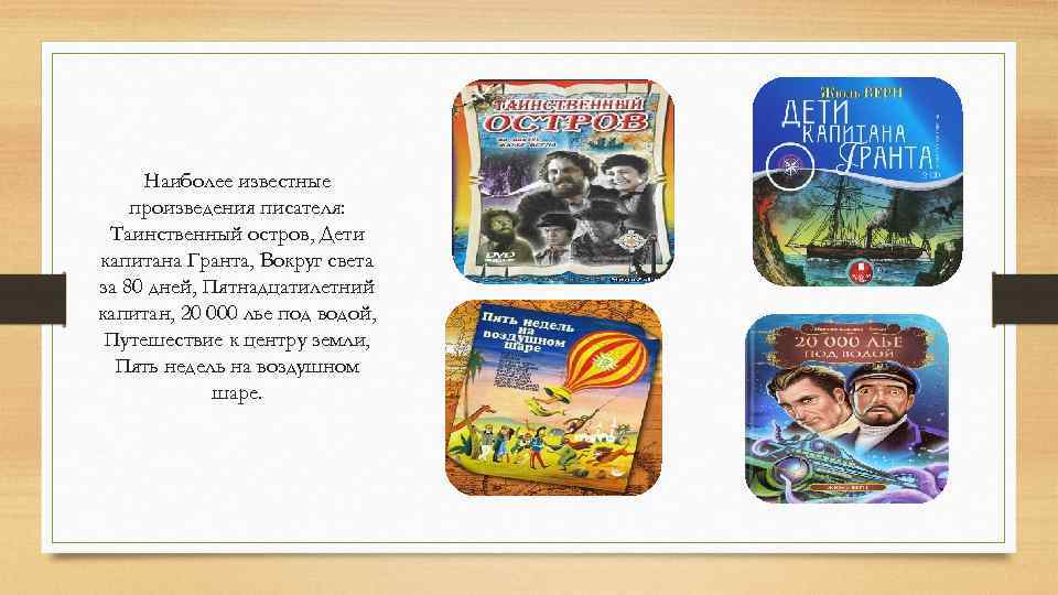 Наиболее известные произведения писателя: Таинственный остров, Дети капитана Гранта, Вокруг света за 80 дней,