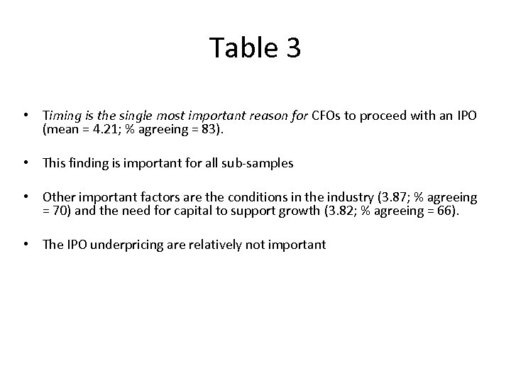 Table 3 • Timing is the single most important reason for CFOs to proceed