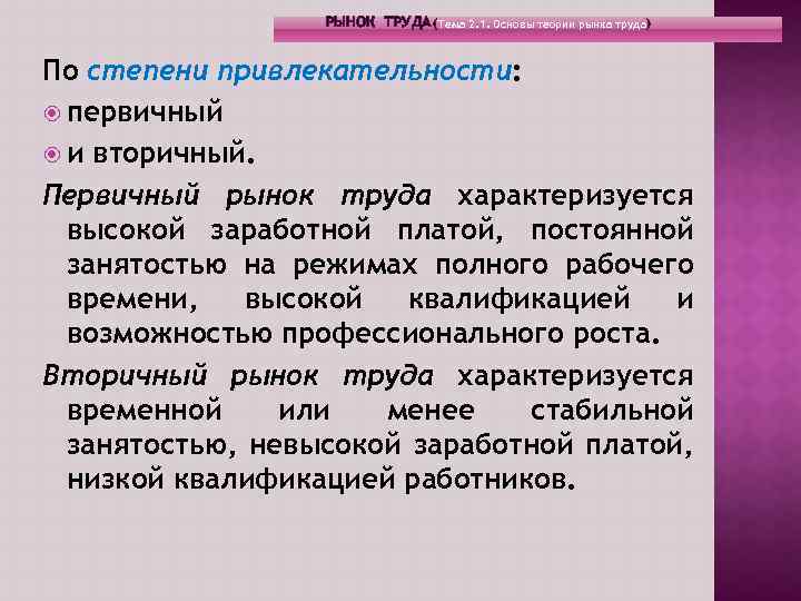 РЫНОК ТРУДА (Тема 2. 1. Основы теории рынка труда) По степени привлекательности: первичный и