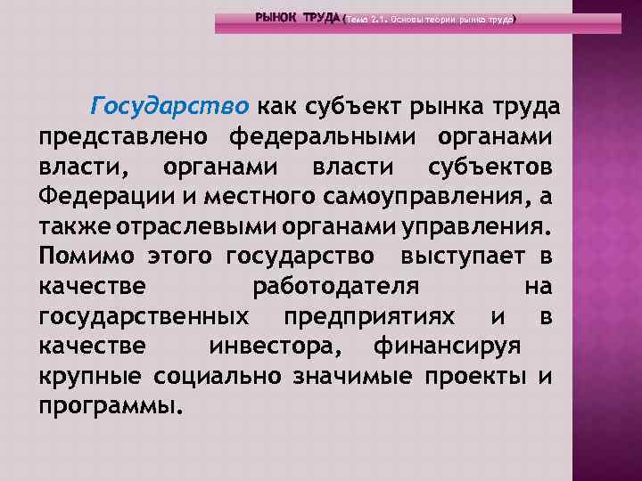 РЫНОК ТРУДА (Тема 2. 1. Основы теории рынка труда) Государство как субъект рынка труда