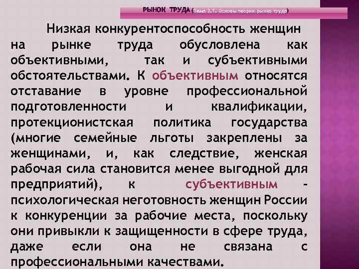 РЫНОК ТРУДА (Тема 2. 1. Основы теории рынка труда) Низкая конкурентоспособность женщин на рынке