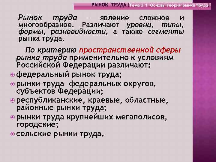 РЫНОК ТРУДА (Тема 2. 1. Основы теории рынка труда) Рынок труда – явление сложное