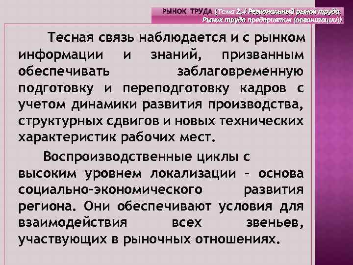 РЫНОК ТРУДА (Тема 2. 4 Региональный рынок труда. ( Рынок труда предприятия (организации)) Тесная