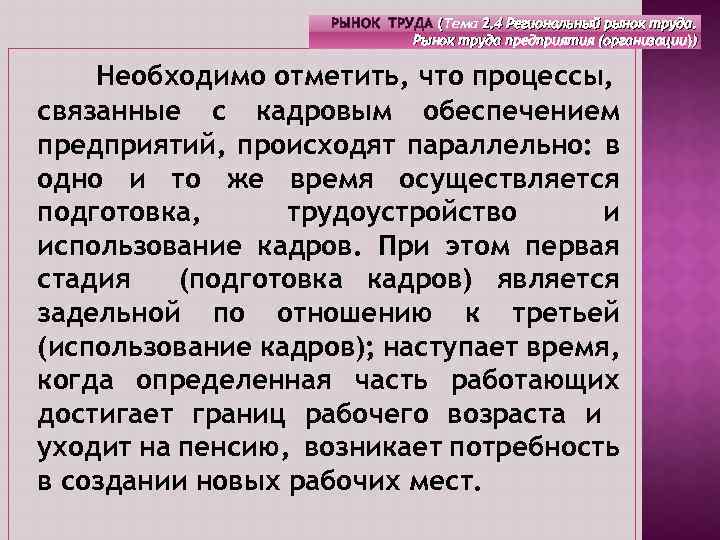 РЫНОК ТРУДА (Тема 2. 4 Региональный рынок труда. ( Рынок труда предприятия (организации)) Необходимо