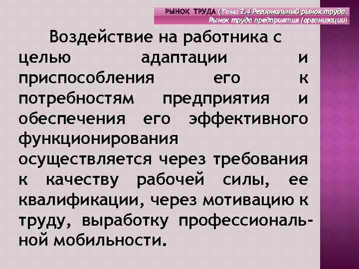 РЫНОК ТРУДА (Тема 2. 4 Региональный рынок труда. Рынок труда предприятия (организации) Воздействие на