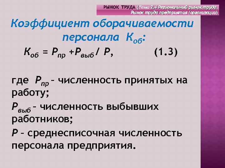 РЫНОК ТРУДА (Тема 2. 4 Региональный рынок труда. Рынок труда предприятия (организации) Коэффициент оборачиваемости