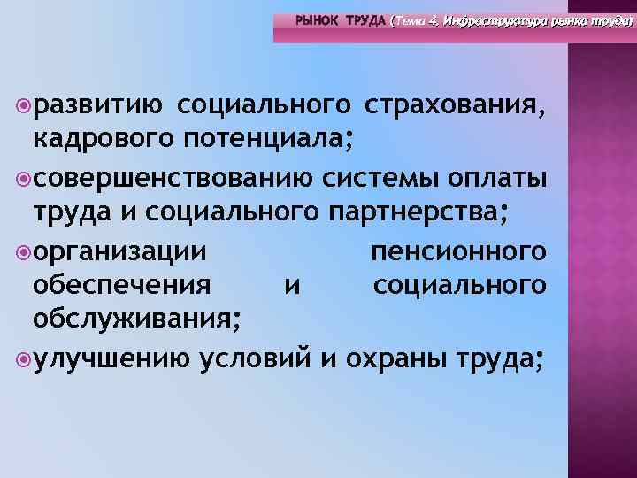 РЫНОК ТРУДА (Тема 4. Инфраструктура рынка труда) ( развитию социального страхования, кадрового потенциала; совершенствованию