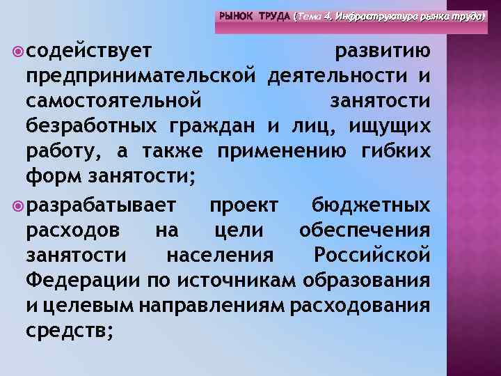 РЫНОК ТРУДА (Тема 4. Инфраструктура рынка труда) ( содействует развитию предпринимательской деятельности и самостоятельной