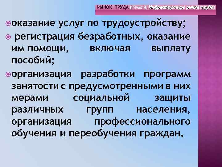 РЫНОК ТРУДА (Тема 4. Инфраструктура рынка труда) ( оказание услуг по трудоустройству; регистрация безработных,