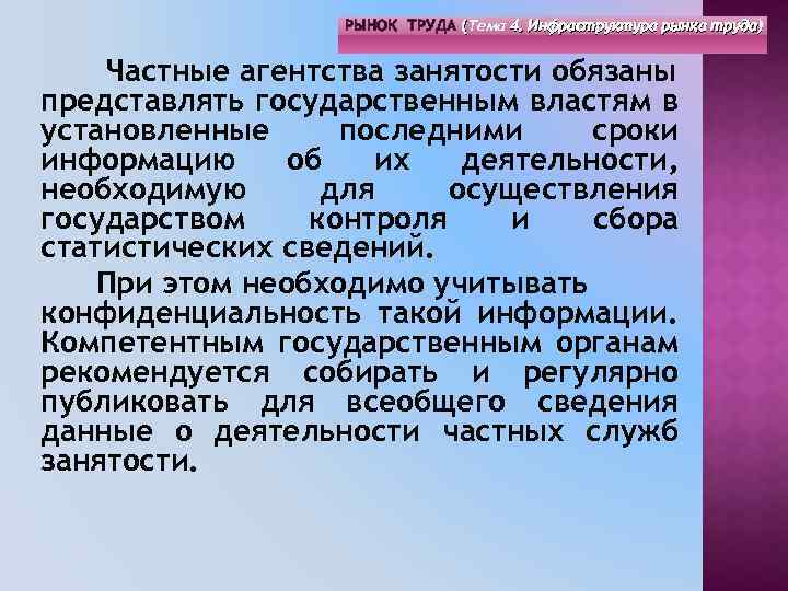 РЫНОК ТРУДА (Тема 4. Инфраструктура рынка труда) ( Частные агентства занятости обязаны представлять государственным