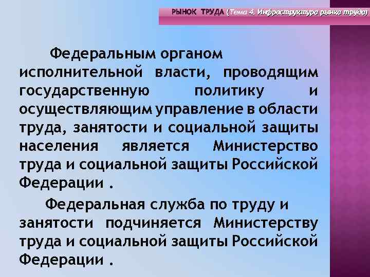 РЫНОК ТРУДА (Тема 4. Инфраструктура рынка труда) ( Федеральным органом исполнительной власти, проводящим государственную