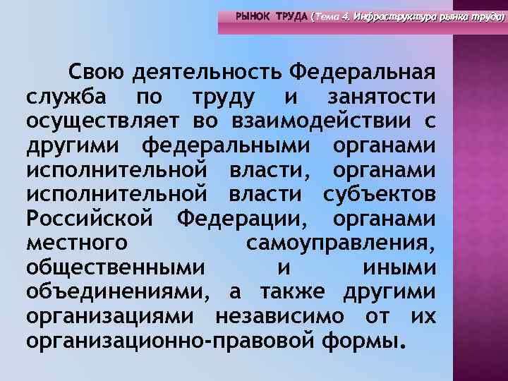 РЫНОК ТРУДА (Тема 4. Инфраструктура рынка труда) ( Свою деятельность Федеральная служба по труду