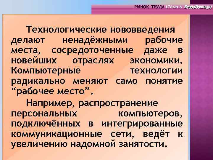 РЫНОК ТРУДА (Тема 4. Инфраструктура 6. Безработица) РЫНОК ТРУДА (Тема рынка труда) ( (