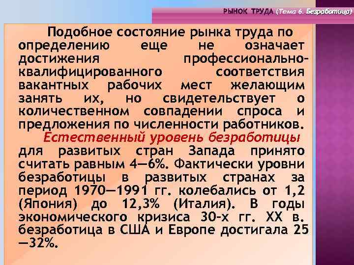 РЫНОК ТРУДА (Тема 4. Инфраструктура 6. Безработица) РЫНОК ТРУДА (Тема рынка труда) ( (