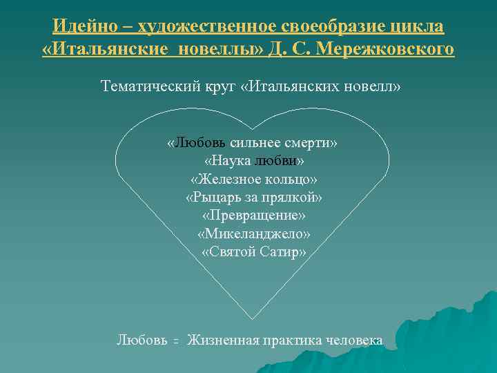 Идейно – художественное своеобразие цикла «Итальянские новеллы» Д. С. Мережковского Тематический круг «Итальянских новелл»