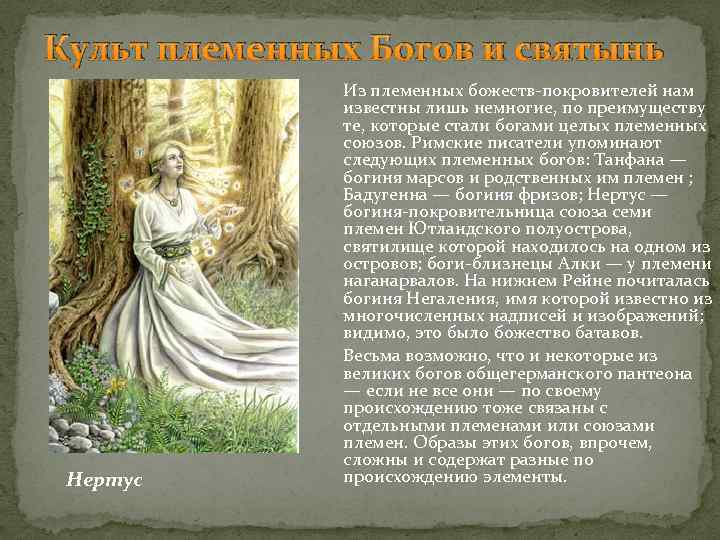 Культ племенных Богов и святынь Нертус Из племенных божеств-покровителей нам известны лишь немногие, по