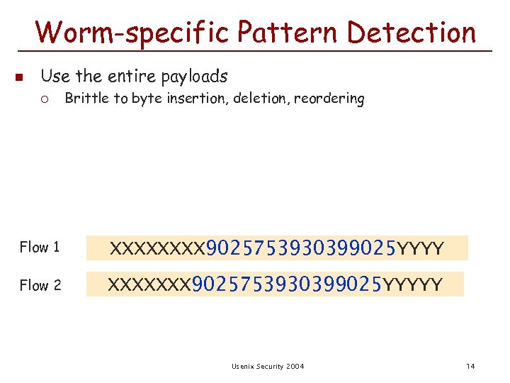 Worm-specific Pattern Detection n Use the entire payloads ¡ Brittle to byte insertion, deletion,