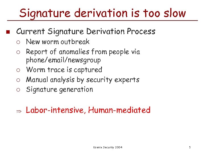 Signature derivation is too slow n Current Signature Derivation Process ¡ New worm outbreak
