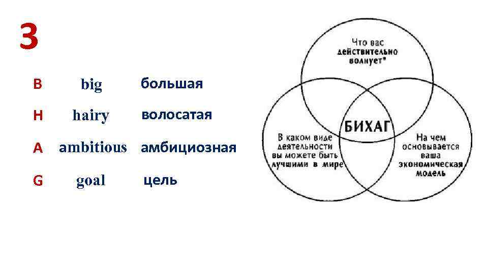 3 В big большая H hairy волосатая А ambitious амбициозная G goal цель 