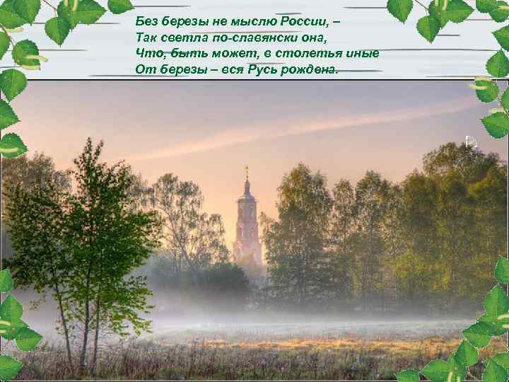 Без березы не мыслю России, – Так светла по-славянски она, Что, быть может, в