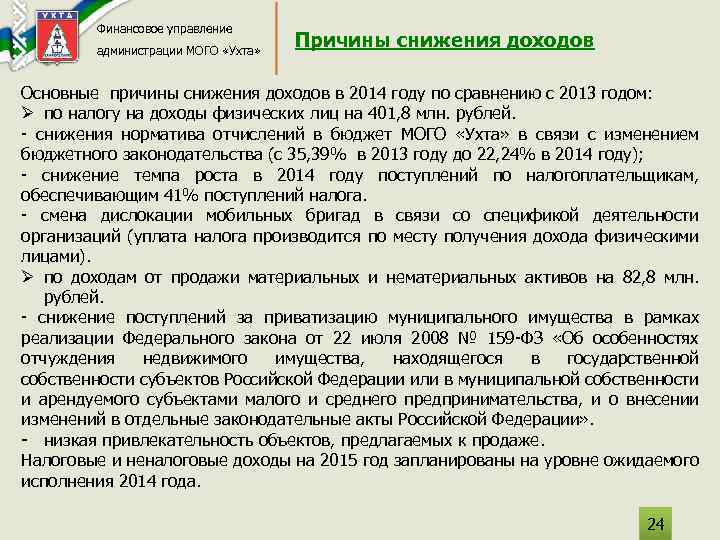 Финансовое управление администрации МОГО «Ухта» Причины снижения доходов Основные причины снижения доходов в 2014