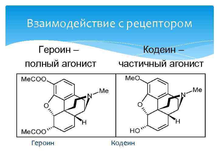 Взаимодействие с рецептором Героин – полный агонист Героин Кодеин – частичный агонист Кодеин 
