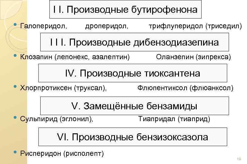 I I. Производные бутирофенона • Галоперидол, дроперидол, трифлуперидол (триседил) I I I. Производные дибензодиазепина