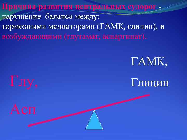 Причина развития центральных судорог нарушение баланса между: тормозными медиаторами (ГАМК, глицин), и возбуждающими (глутамат,