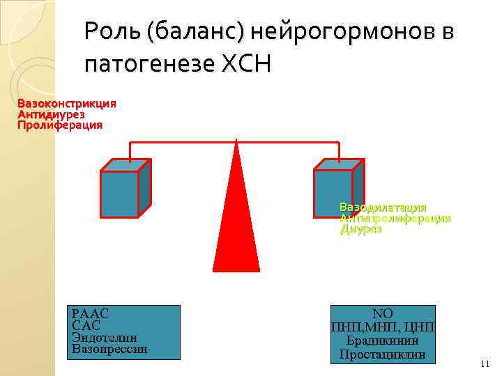 Роль (баланс) нейрогормонов в патогенезе ХСН Вазоконстрикция Антидиурез Пролиферация Вазодилатация Антипролиферация Диурез РААС САС