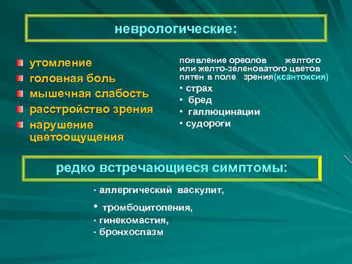 неврологические: утомление головная боль мышечная слабость расстройство зрения нарушение цветоощущения появление ореолов желтого или
