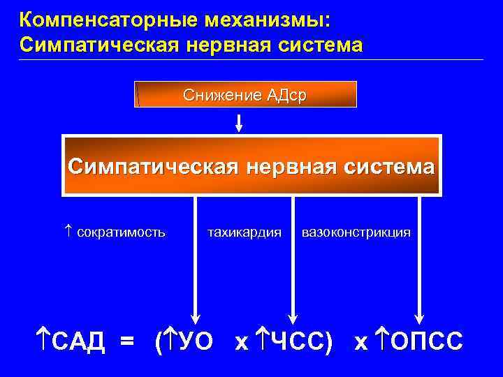 Компенсаторные механизмы: Симпатическая нервная система Снижение АДср Симпатическая нервная система сократимость тахикардия вазоконстрикция САД