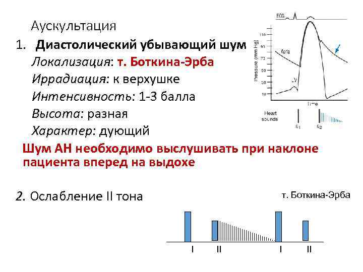 Аускультация 1. Диастолический убывающий шум Локализация: т. Боткина-Эрба Иррадиация: к верхушке Интенсивность: 1 -3