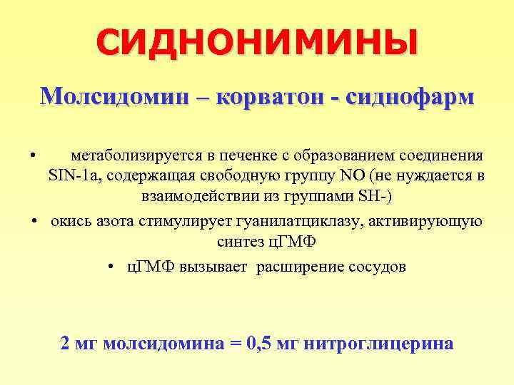 СИДНОНИМИНЫ Молсидомин – корватон - сиднофарм • метаболизируется в печенке с образованием соединения SIN-1