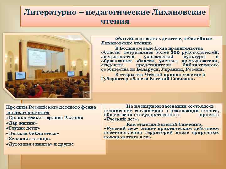 Литературно – педагогические Лихановские чтения 26. 11. 10 состоялись десятые, юбилейные Лихановские чтения. В
