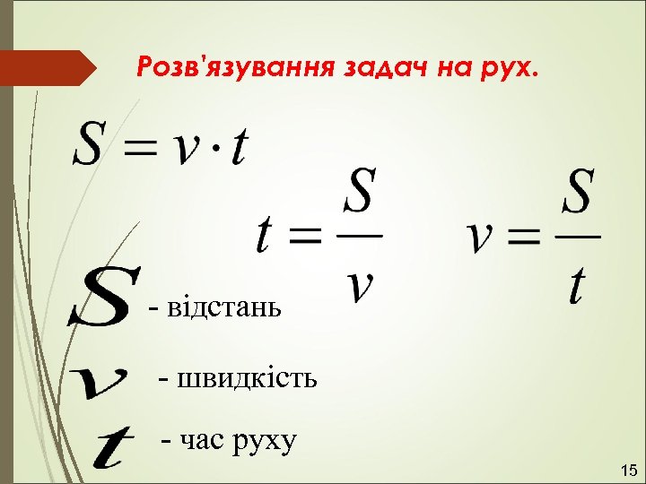 Розв'язування задач на рух. - відстань - швидкість - час руху 15 