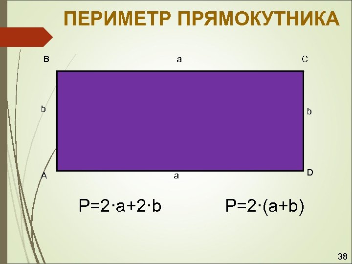 ПЕРИМЕТР ПРЯМОКУТНИКА B a C b A b a D Р=2·a+2·b P=2·(a+b) 38 