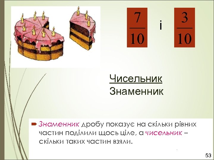 і Чисельник Знаменник дробу показує на скільки рівних частин поділили щось ціле, а чисельник