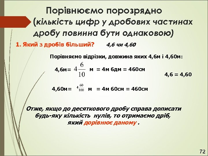 Порівнюємо порозрядно (кількість цифр у дробових частинах дробу повинна бути однаковою) 1. Який з