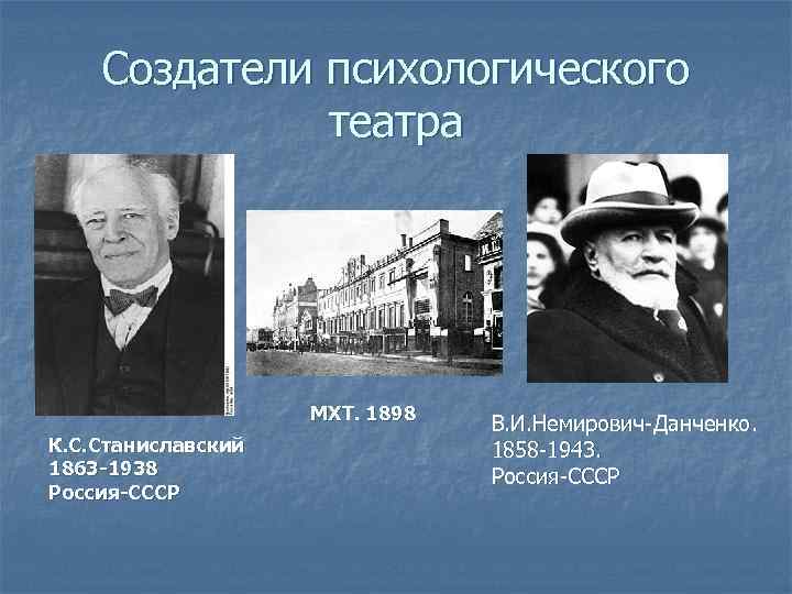 Создатели психологического театра МХТ. 1898 К. С. Станиславский 1863 -1938 Россия-СССР В. И. Немирович-Данченко.