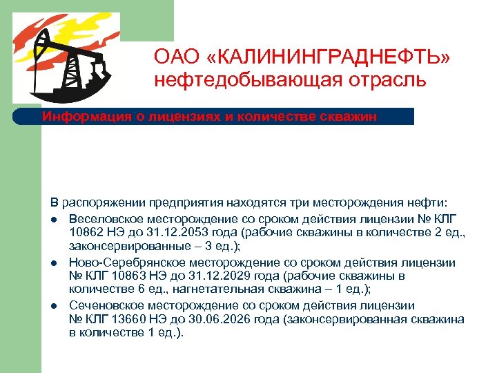 ОАО «КАЛИНИНГРАДНЕФТЬ» нефтедобывающая отрасль Информация о лицензиях и количестве скважин В распоряжении предприятия находятся
