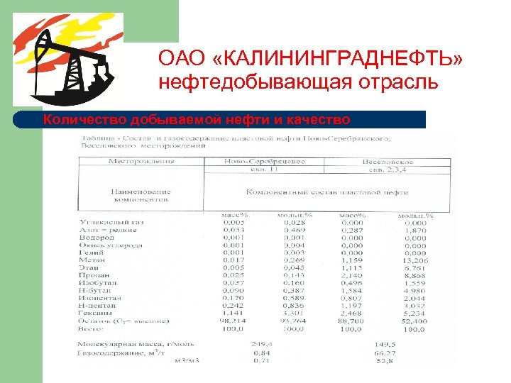ОАО «КАЛИНИНГРАДНЕФТЬ» нефтедобывающая отрасль Количество добываемой нефти и качество 
