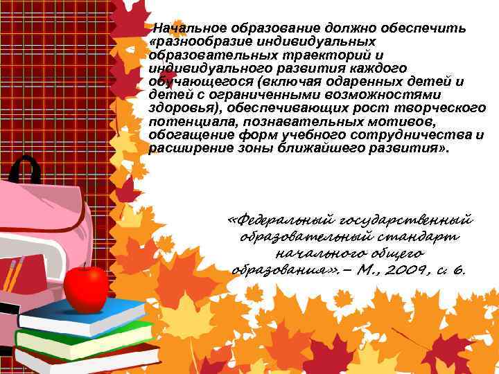 Начальное образование должно обеспечить «разнообразие индивидуальных образовательных траекторий и индивидуального развития каждого обучающегося (включая