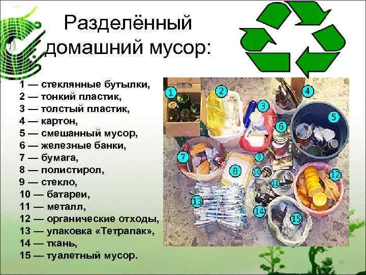 Разделённый домашний мусор: 1 — стеклянные бутылки, 2 — тонкий пластик, 3 — толстый