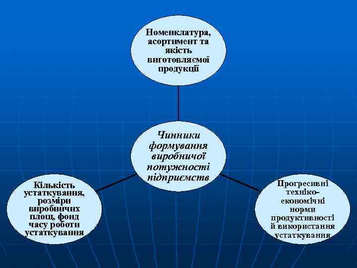 Номенклатура, асортимент та якість виготовляємої продукції Кількість устаткування, розміри виробничих площ, фонд часу роботи