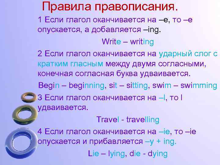 Правила правописания. 1 Если глагол оканчивается на –е, то –е опускается, а добавляется –ing.