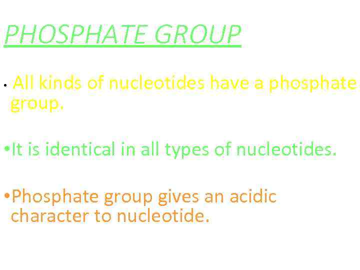 PHOSPHATE GROUP All kinds of nucleotides have a phosphate group. • • It is