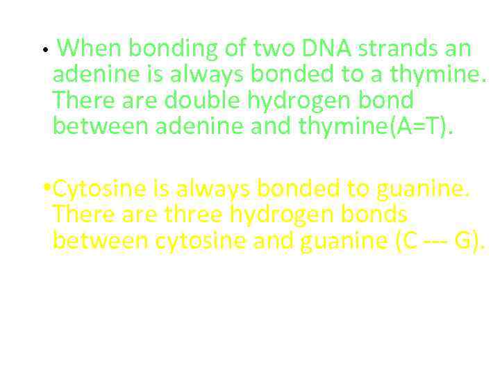  • When bonding of two DNA strands an adenine is always bonded to